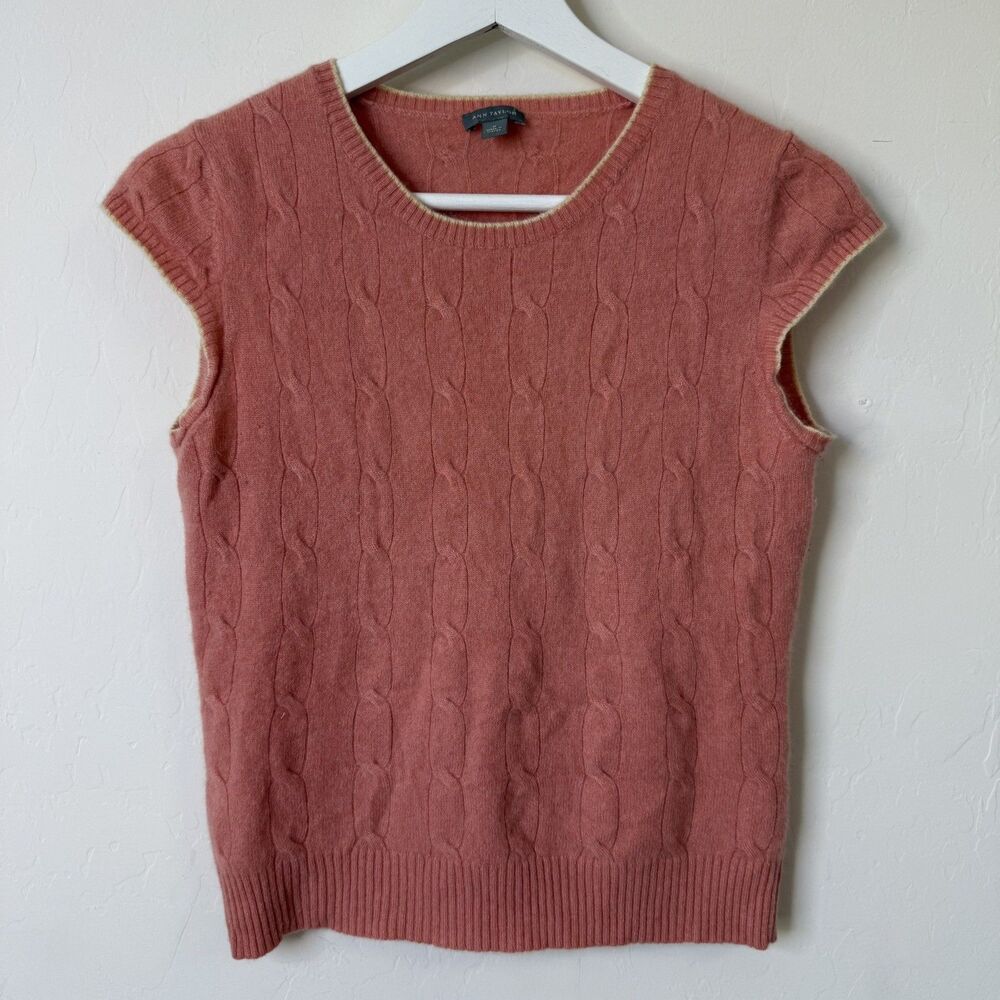 Ann Taylor Medium 100% Cashmere Short Sleeve Cable Knit Sweater Preppy Luxury